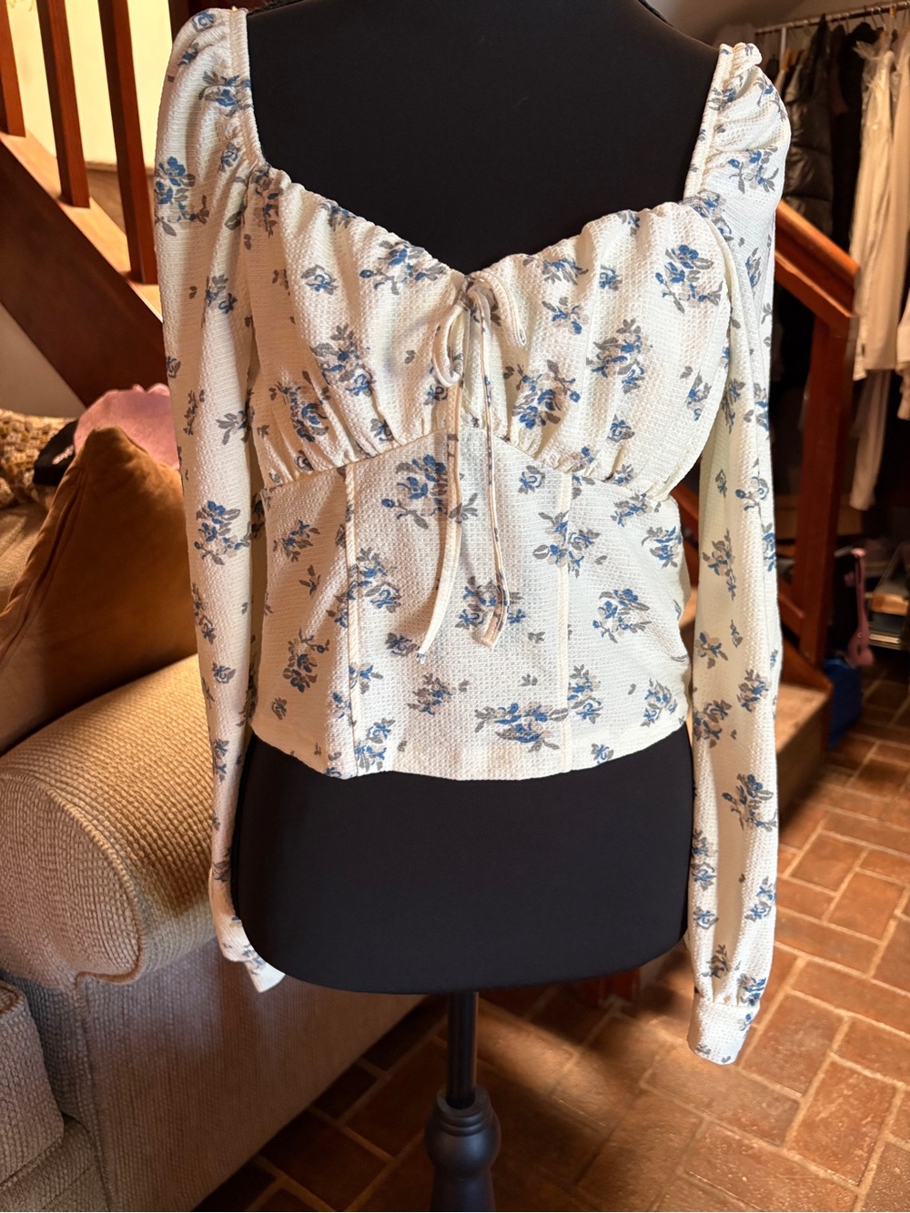 Urban Outfitters Floral Smocked Long-Sleeve Peasant Top - Cream with Blue Roses